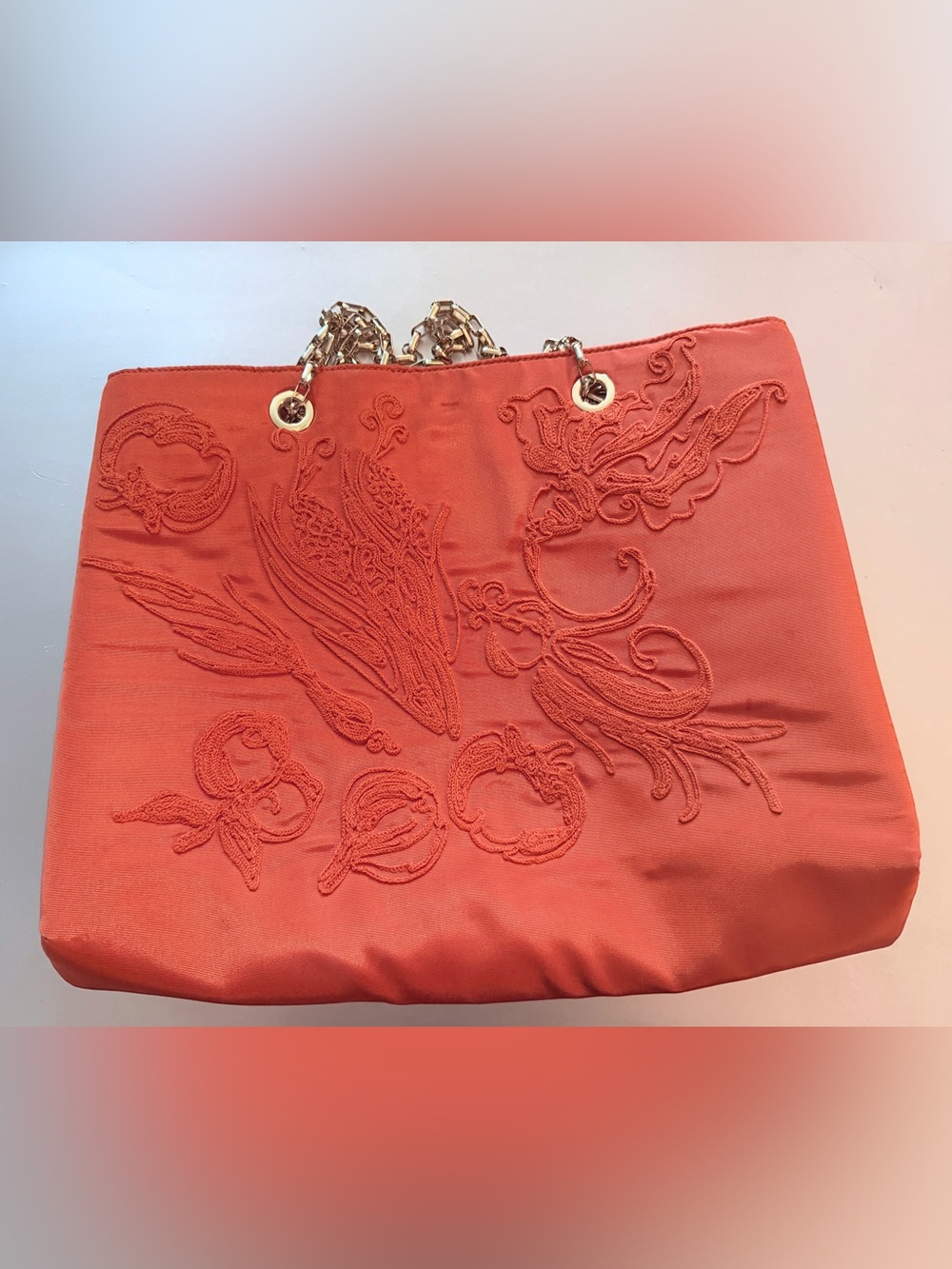 Moschino Orange/Coral Embroidered Tote with Gold Chain Handles